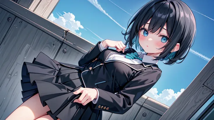 blushした女の子、 black short hair、Green inner color、 light blue eyes、open front uniform 、 open front blazer、 black miniskirt、Black long skirt with right hand pocket 、 cowboy shot,  Dutch angle 、Center the image、blue sky、 medium breasts、 black miniskirt、 ashamed...