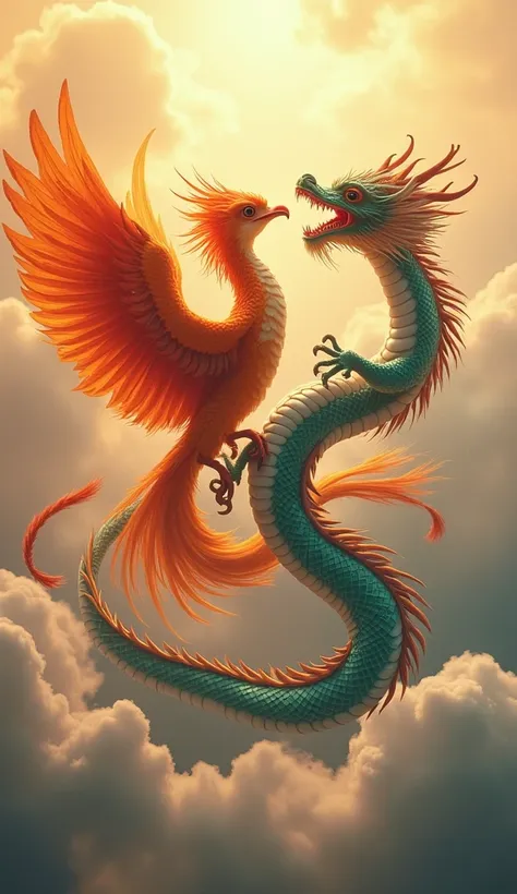 A phoenix and a Chinese dragon，Flying in the air 