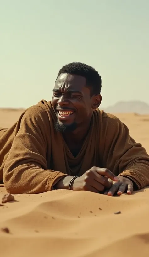 (photorealism:1.2), a young negro man , 25 years old,  wears shabby brown color slave robe 7th century model,  facial expression grimaces in pain , sleeping on the sand ,  dusty dirty body ,  set background of barren desert by day ,  image in cinematic zoo...