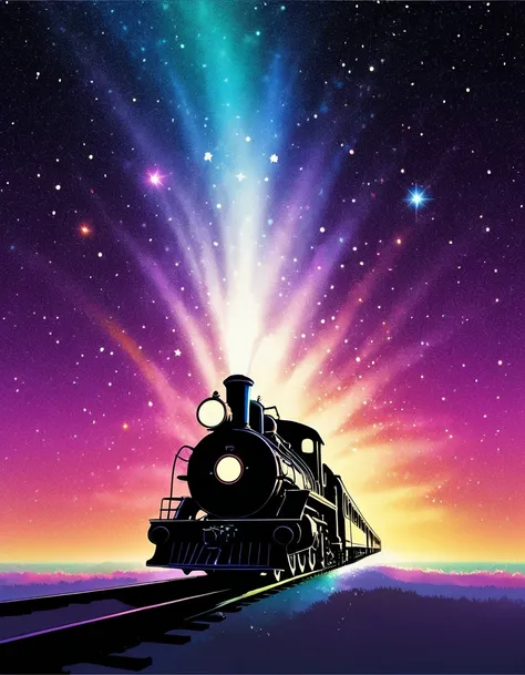 Shadow art, Flat illustration, silhouette art, everything except the shadows is colored with colored cellophane, A fairy tale steam locomotive emerges from the center of the nebula, (Fairy tale steam locomotive running through the starry sky of space), (Ma...