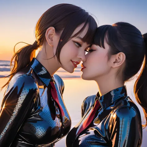 2 girls, In extremely tight shiny latex blouse with buttoned polka dot pattern, Necktie, shiny hair, Lens reflection, Reflected light,  ponytail, Bangs, portrait, Breasts,  seductive smile ,  Facing each other, are on the beach, kiss