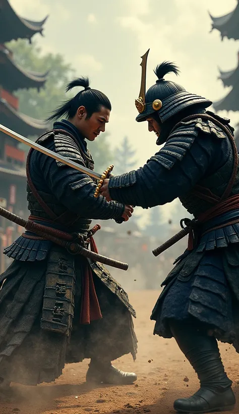 In ancient Japan an action pack image of  A samurai hesitating in battle as his opponent exploits his code of honor. The tension is evident in the dramatic lighting and facial expressions.