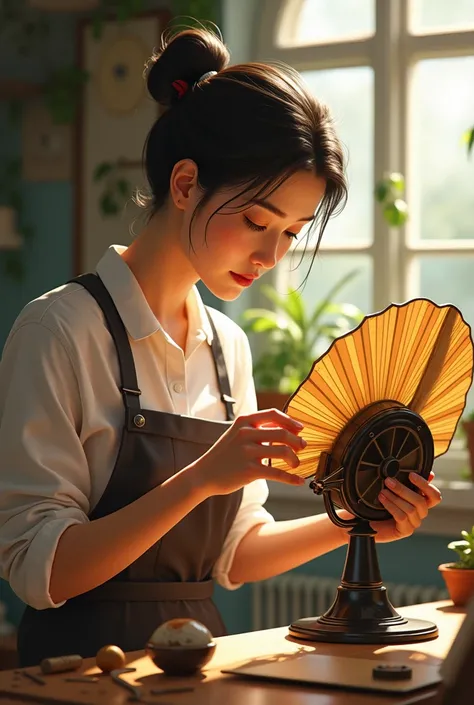 A craftswoman is deliberately repairing a fan in the summer during the day