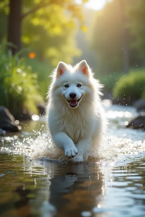 White Samoyed Dog Playing Water At The Stream In The Afternoon Dog Is Having Fun. 4k Definition