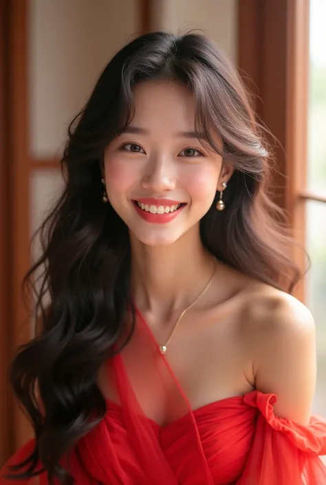     Asian Style、 Korean Style Idol 、 1 cute girl ,      My hair is long 、 my hem is wavy 、 Im wearing a red dress,  long hair, smile,  best quality, Accurate, masterpiece,  long hair, 