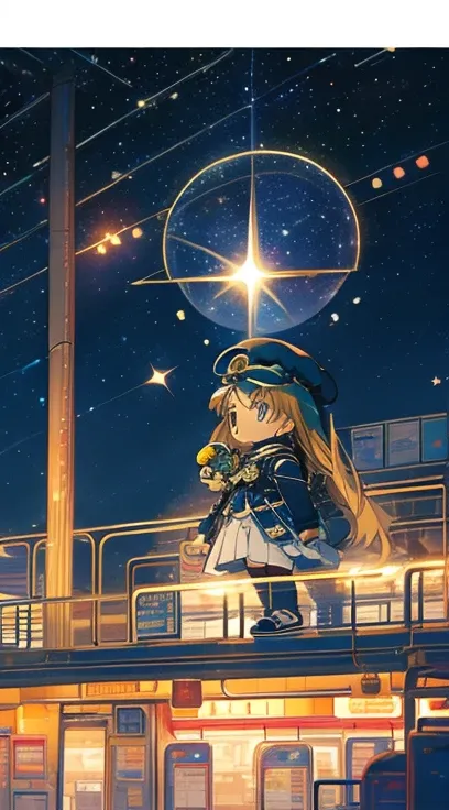 Starry Night,A train that transcends time and space, (Galaxy Express 999:Time Jumping), cute, Chibi character,  owl under guard，At the station platform, Galaxy Express 999に乗る，Near future， back view, Ultra Wide Angle, Sparkle Effect,   best quality , 