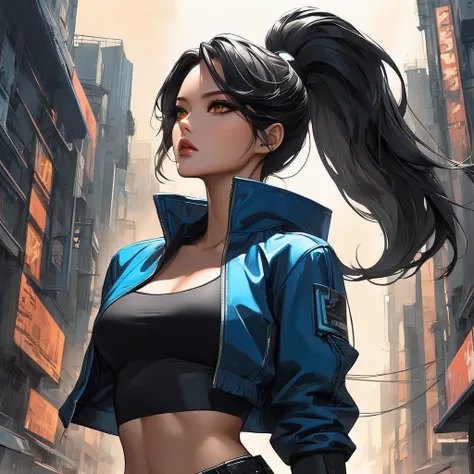 Neo-noir Futuristic art style, dynamic high-angle view, waist-up, semi-realistic anime-style woman. Long sleek black hair styled in a high ponytail, with a slight volume on top. Warm tan skin with a golden undertone. Almond-shaped eyes, deep amber, intense...