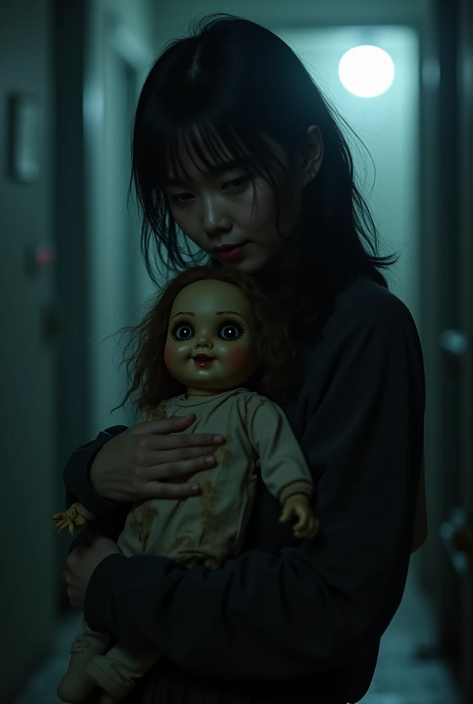 ８ｋ、live-action、 super real 、Shakun ,  she hid her doll , but、 whispering continued every night ,  Japanese woman holding a creepy, tattered boy doll、 Darkness、 under the dim moonlight 、Horror、頭butおかしい、 and smiles 