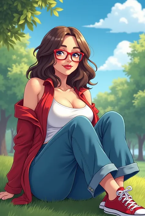 Pretty fat woman with a little extra fat on her body with short shoulder length wavy brown hair, reading glasses , sleepy eyes,  red lips,   sleeveless red jacket under a low-cut sleeveless t-shirt ,   wide-leg blue jeans red and white canvas sneakers in t...