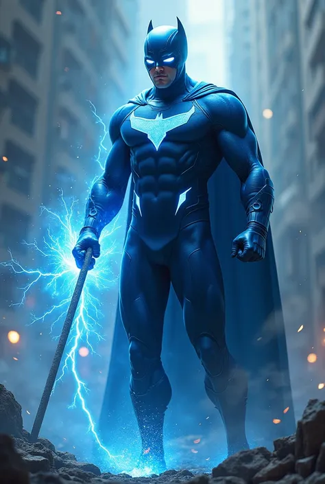 A black-masked face superhero wearing an all-blue outfit with an iron rod that controls the elements of nature this is muscule cool