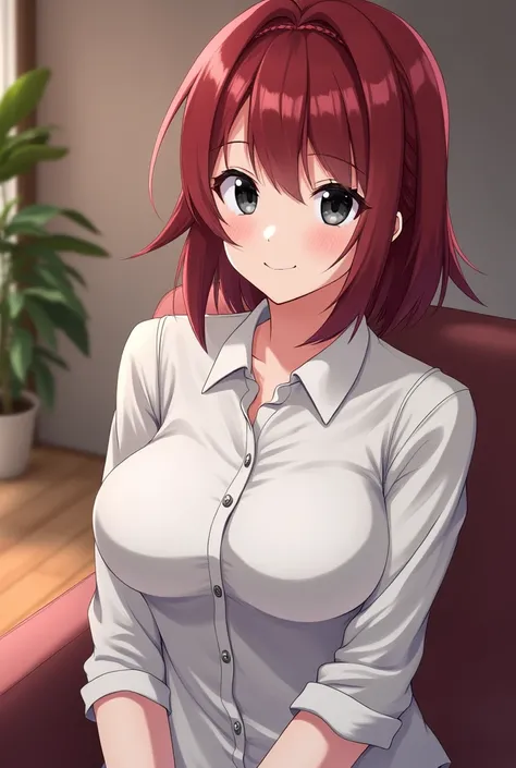 1 woman, pretty face , red wine hair, shirt outfit, chest conspicuous , room background . (HD picture ,  high-resolution , best quality,  Masterpiece,  Detailed Image , HD orientation, High pixels,  Anime Style)Look at the audience, black eyes , busty girl...