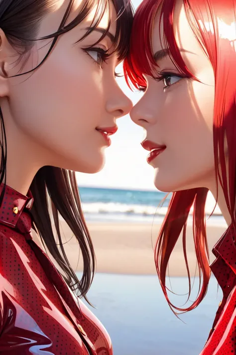 2 girls, Buttoned polka dot pattern in extremely tight shiny red latex blouse, Necktie, shiny hair, Lens reflection, Reflected light,  ponytail, Bangs, portrait, Breasts,  seductive smile ,  Facing each other, are on the beach, kiss