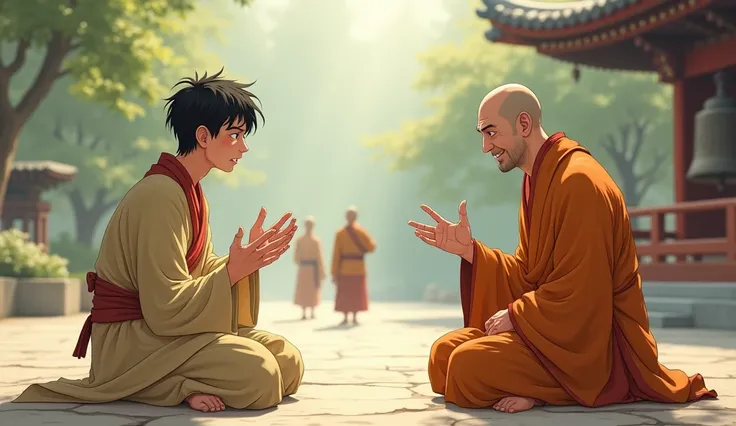 The 20-year-old young monk sits cross-legged on the ground, his short black hair slightly disheveled as he speaks passionately to the master monk, gesturing with his hands. His beige robes look slightly wrinkled from stress, and his youthful face shows fru...