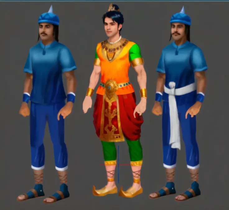 a group of three men in different colored outfits, costume desig, vijay jayant props, each wearing correct era clothes, high detail character models, character posing for concept art, character modeling, safijiiva armor, ingame image, wearing correct era c...