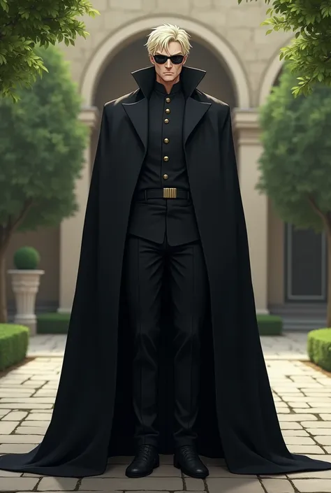 ((best quality)), ((masterpiece)), (detailed), 1man, noble, pale blond hair, cloak, black sunglasses, frown, stern expression, courtyard background, looking down on viewer