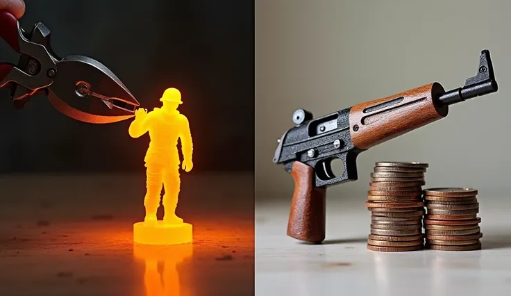 The image shows a split composition featuring two distinct DIY creations. On the left, a glowing orange soldier figurine being held by pliers suggests a crafting or melting process. On the right, a handcrafted wooden rifle rests atop stacked coins, showcas...