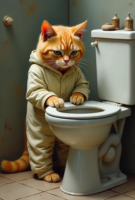 Yellow cat in pajamas crying looking at the toilet . Oil panting