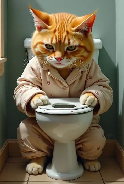 Yellow cat in pajamas crying looking at the toilet . Oil panting