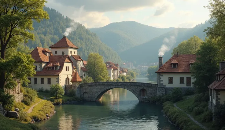 Vue densemble dun village de hongrie en 1820, near a river with a stone bridge ,  a forest on the other side of the river. 