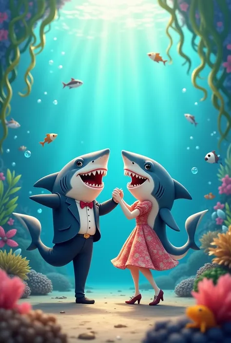  Grandpa and grandma shark  in ocean singing and dancing 