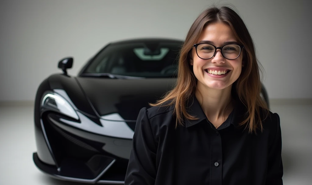 A photograph of a happy person in front of a nice black supercar. the background should be simple and have a premium mood. The photo does not show the persons face but only the hands and part of their body.