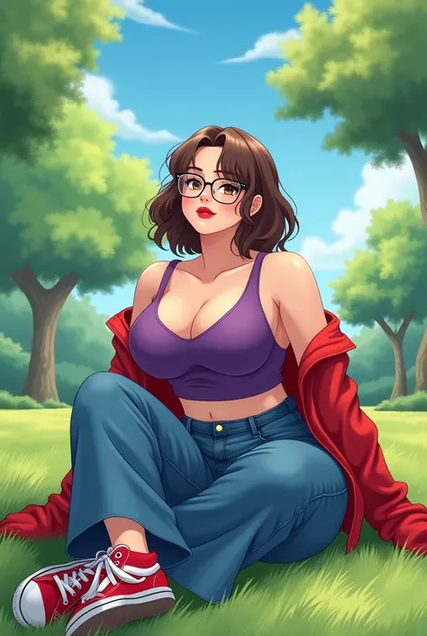  Pretty woman with some fat on her body with short wavy brown hair, reading glasses , sleepy eyes,  red lips,  sleeveless red jacket under a purple low-cut sleeveless t-shirt ,   wide-leg blue jeans red and white canvas sneakers in the background of a sunn...