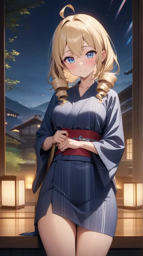   girl、Drill Hair、 blonde alone、Ahoge、  blue eyes、Narrow eyes、Tree Eyes、smile、 simple Japanese yukata 、 upper body、 with a hot spring behind a woman 、 night sky background with flowing meteors、masterpiece、  best quality、 Graceful Depiction  、Cute Anime、  H...