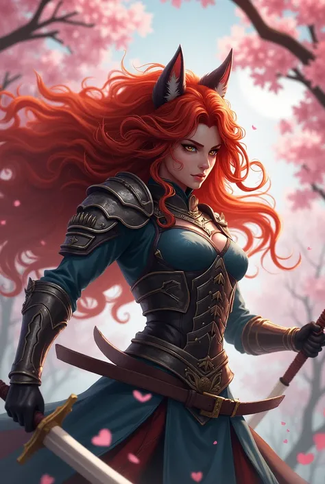 Girl Wolf Alpha Female Warrior Fighting Long Curly Red Hair With Sakura Tree 