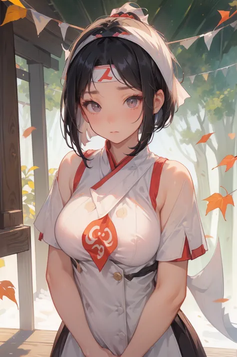 ((standing))、(((dharma、 white sickle、headband)))、((big breasts:1.9、細身の体、 high school girl))、(( black hair straight medium bob:1....