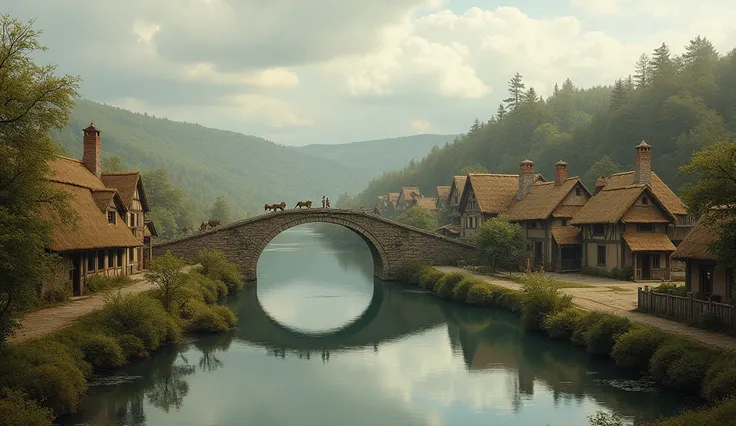  Overview of a landscape with a village in Hungary in 1820, On one side of a river with a stone bridge ,  a forest lying on the other side of the river . 