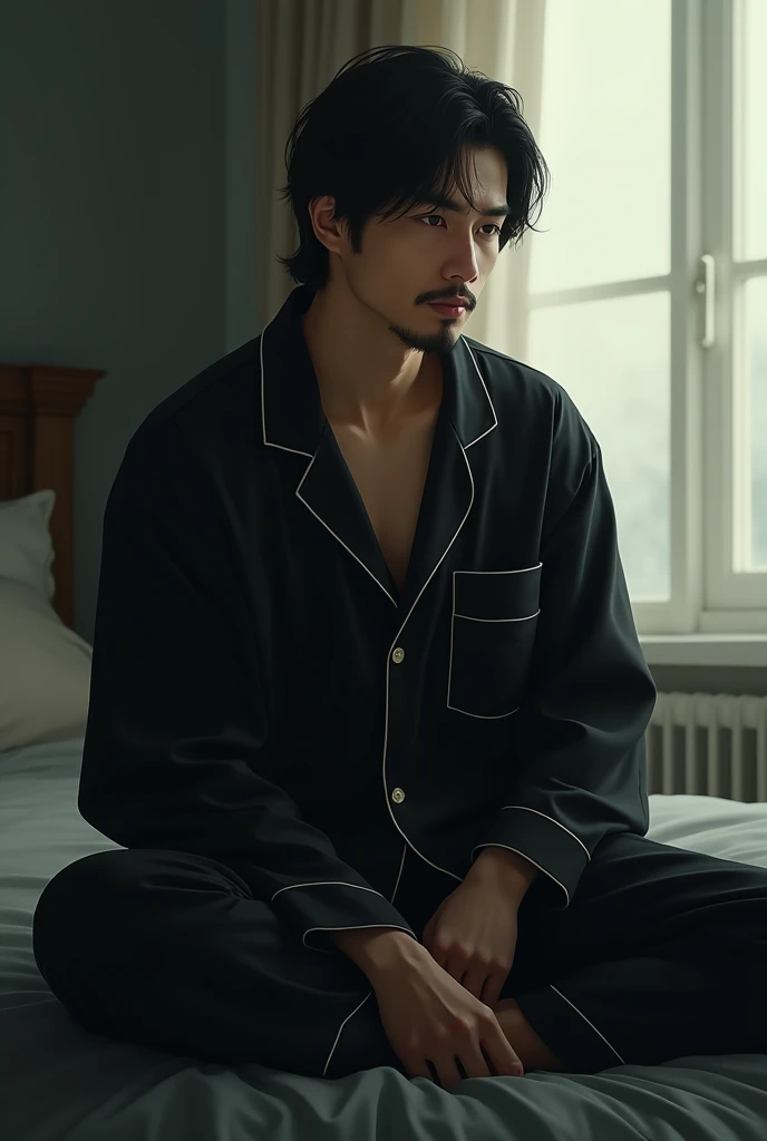 An asian man with shoulder length hair and little
of wavy hair and has a small moustache and beard
is wearing a black pajamas and sitting on the bed in the morning 