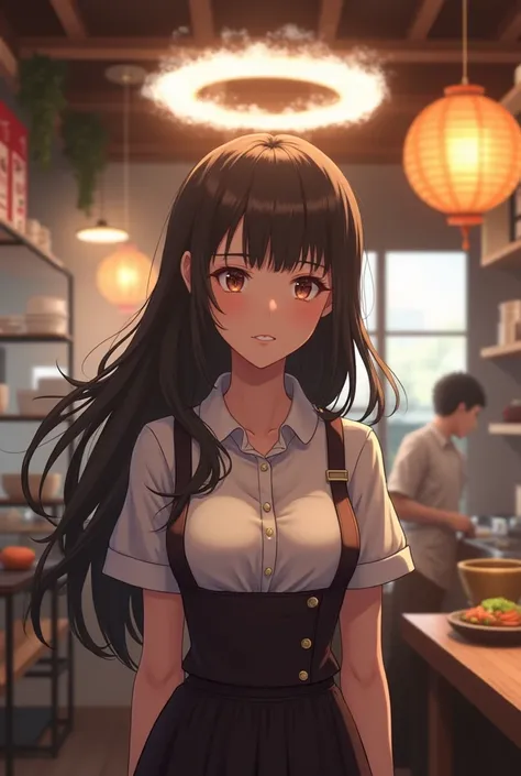 (Photorealistic: 1.5) Beautiful japanese girl wearing waitress outfit. 18 years old. Long hair. With halo on head. Perfect face. Ramen shop background. 