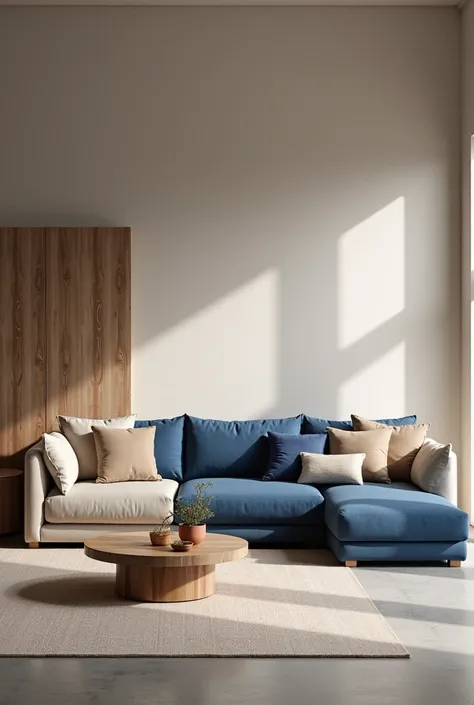  une décoration avec un canapé beige et bleu dangle droit et un sol effet beton gris claire