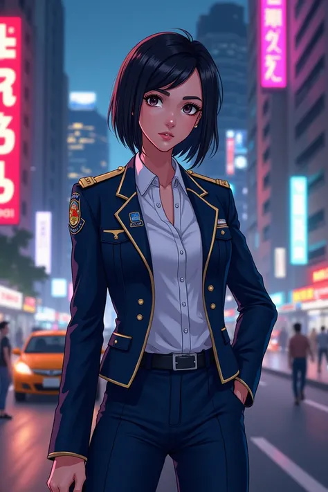 Create me a Brazilian policewoman with the name Isabella Duarte in anime style