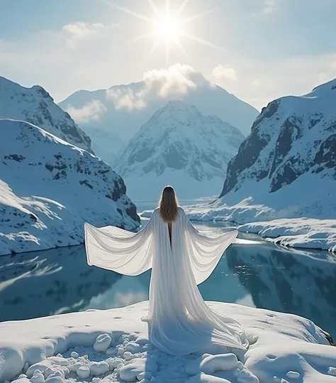  a woman is standing on top of a snowy mountain,  back view , woman wearing long white clothes , mark adamus , maximum river , Iceland,  girl stands on a mountain ,  shes approaching paradise  , Iceland photography, goddess of winter,  amazing atmosphere ,...