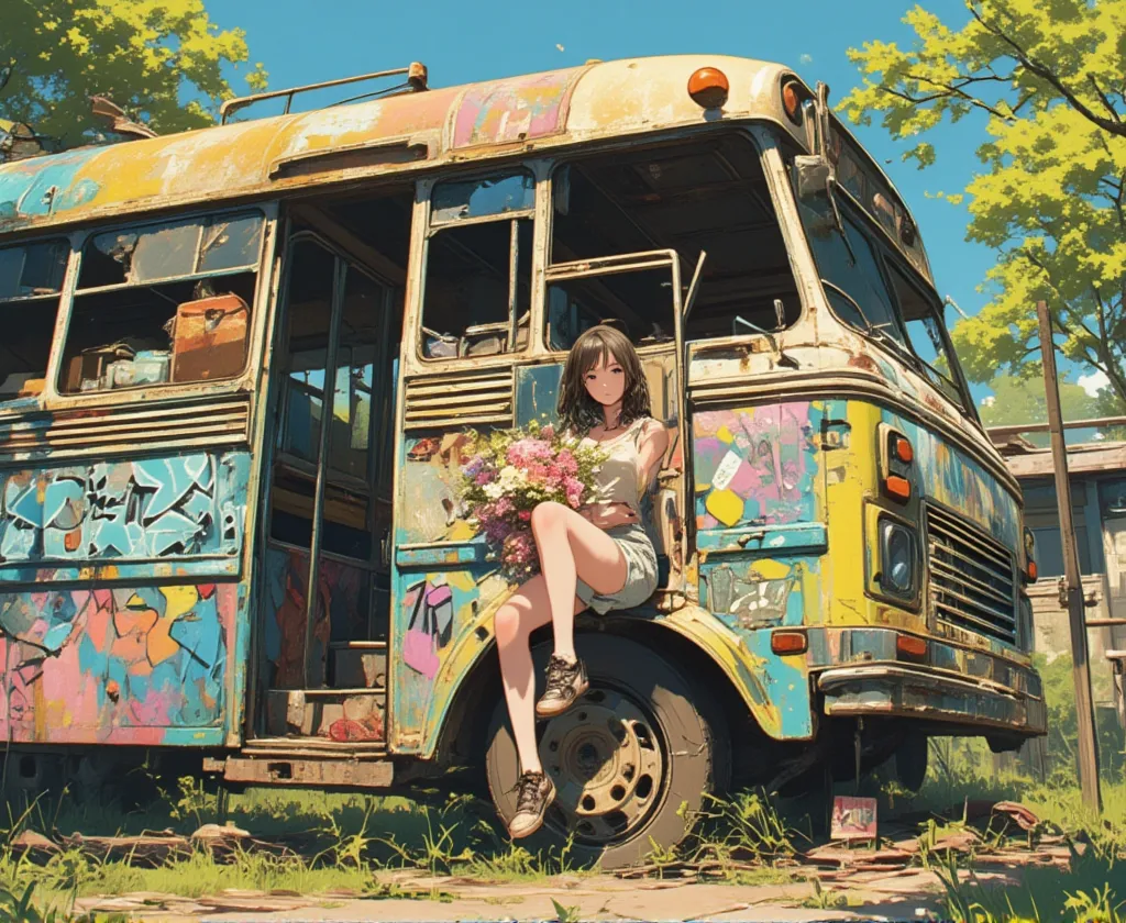 anime scene of a girl sitting on an abandoned bus with a bouquet of flowers、atey ghailan 8k、dy atey ghailan、lofi art、colorful an...