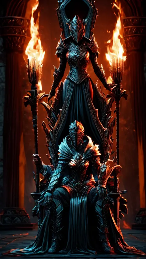 a dragonborn immobilizing a faceless. a beautifuly woman next to a standing throne, while the two are literally on fire. sexyest