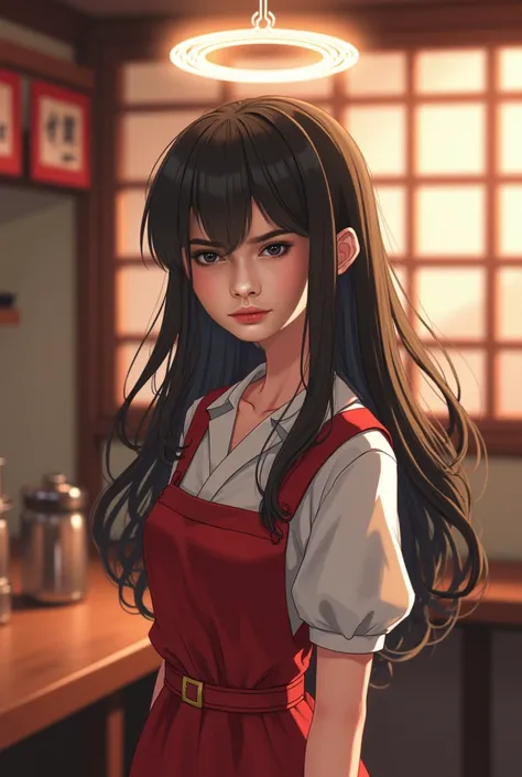 (Photorealistic: 1.5) Beautiful japanese girl wearing waitress outfit. 18 years old. Long hair. With halo on head. Ramen shop background. 