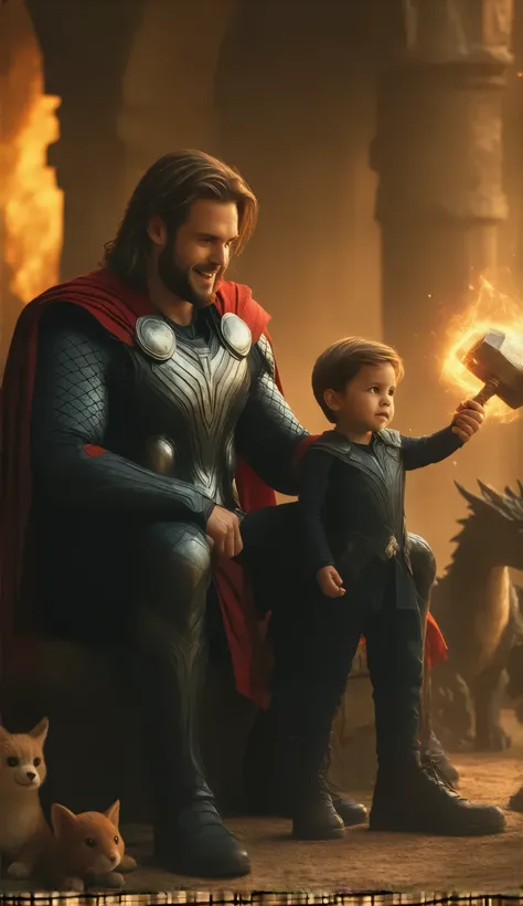 Thor and his young son: Both dressed in Asgardian armor with flowing red capes and hammers in hand. The son’s costume is a miniature version of Thor’s, with a toy-like hammer glowing faintly. They’re sitting on a soft fur rug in a cozy Asgardian-style room...