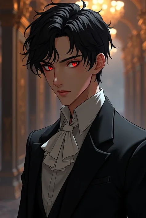 The black-haired prince with red eyes wears a suit