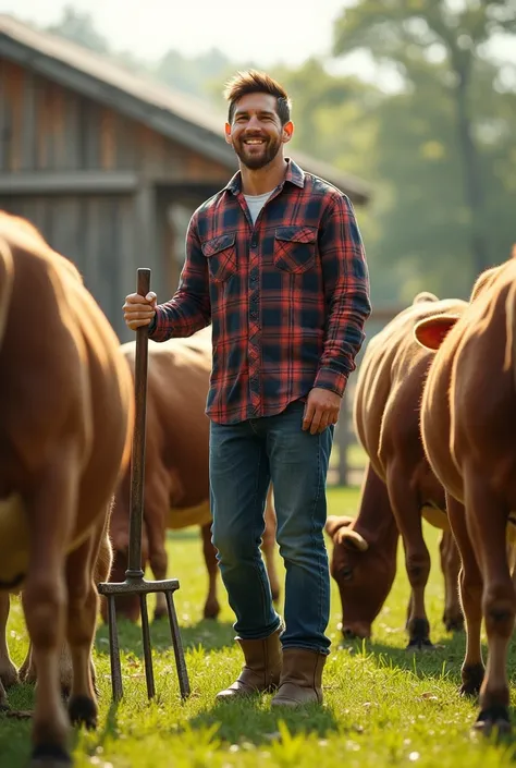 "Create a detailed and realistic image of a man resembling Lionel Messi on a sunny cattle farm. He is wearing casual work clothes, such as a plaid shirt, jeans, and boots, and is joyfully engaged in farm work. He is surrounded by cows grazing in a lush gre...