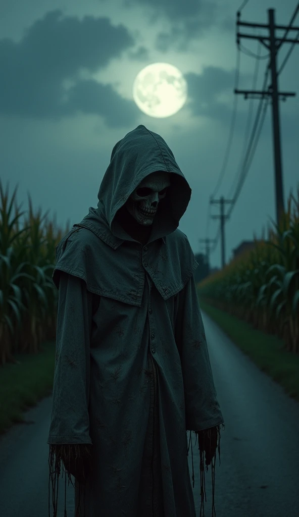 "Nighttime, a quiet street in a small rural town, with a dark cornfield on the side. Close-up of a sinister scarecrow with tattered, gray clothes and a hood, head bowed. It’s walking out of the cornfield, half of its body still inside. The road and part of...