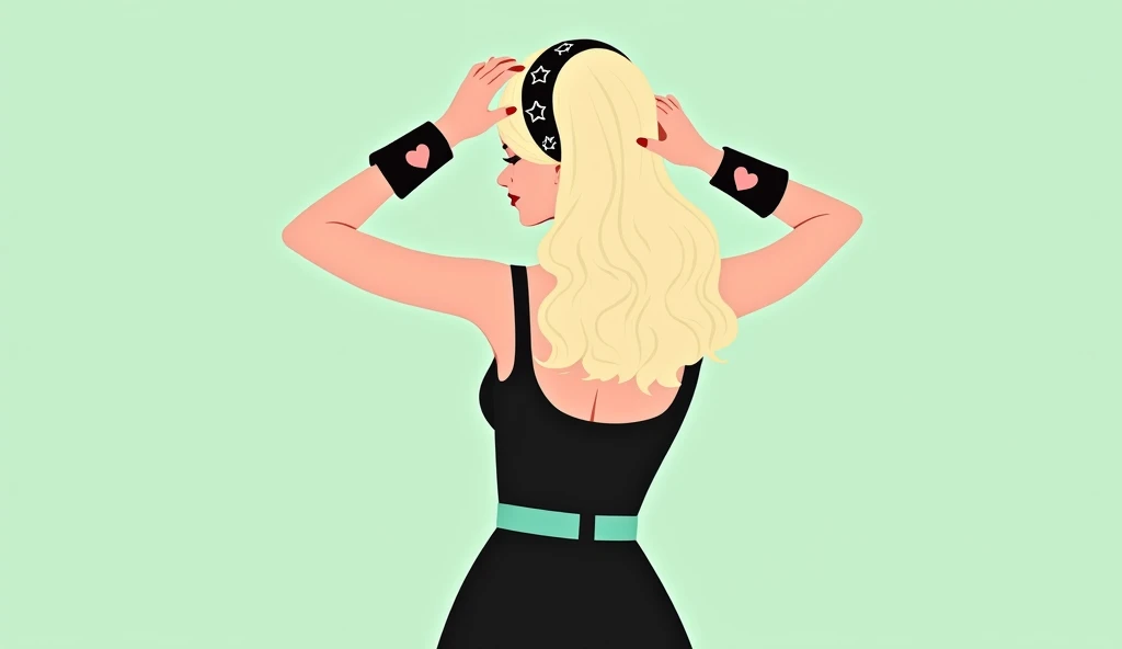 A stylish and minimalistic illustration of a young woman tying a star-patterned headband around her light blonde hair, styled in loose waves. The character is viewed from the back in a three-quarter pose, wearing a sleek black dress with heart-shaped accen...