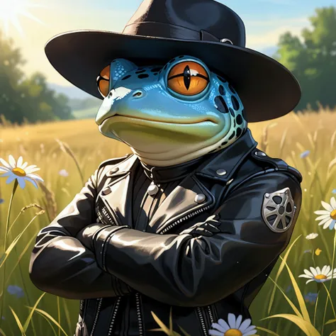 Studio Ghibli Cartoon, Portrait of an extremely badass anthropomorphic light blue and white bullfrog wearing an insanely cool black leather biker jacket open, black fedora, black shirt, black leather biker gloves, arms crossed in a meadow during the golden...