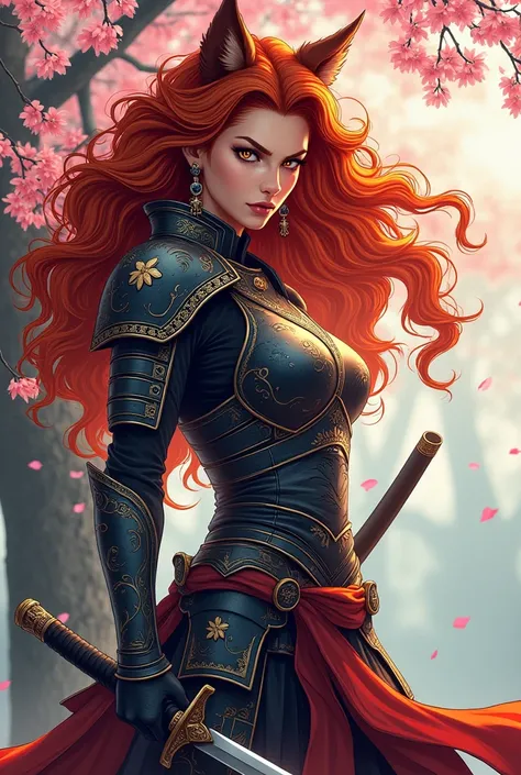 Female wolf leader Alpha female warrior with katana long red hair curly with sakura tree manga style 