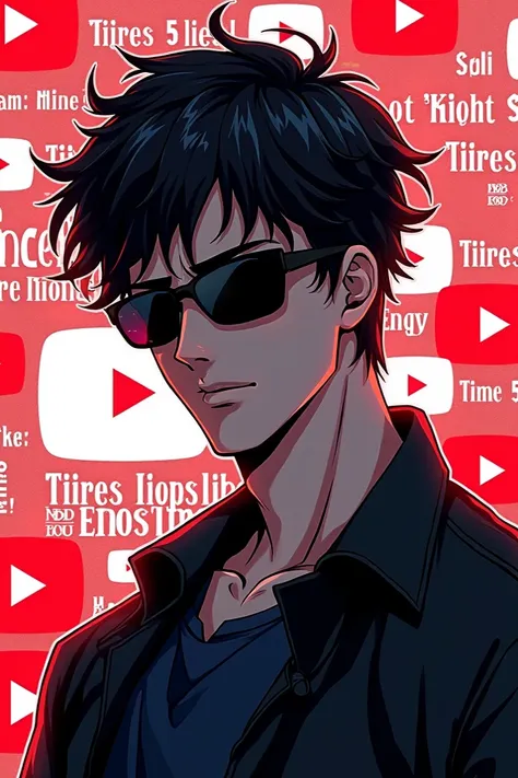 Genrate a anime of male character wearing black sunglasses with a background of some yt logos and quotes 