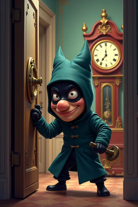 A thief with a funny face and a thief mask is inside an aristocratic house. He is busy stealing. The appearance of this thief is comical and funny. There is an aristocratic pendulum clock in this house and the thief is stealing from the safe in an insidiou...