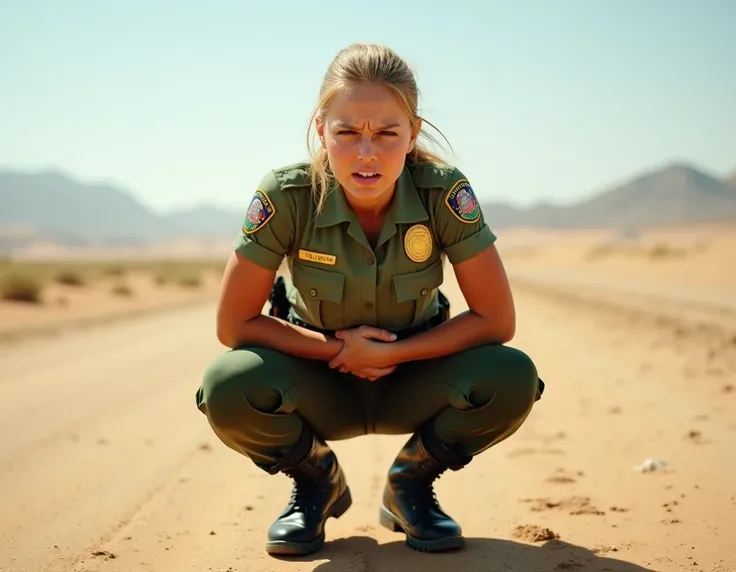 
realistic photo front view of an athletic fit embarrassed white female border patrol crouching on the ground in the sun in a desert, her knees pressed together and she is holding her groin trying to hold her pee. wearing police rubber boots, and tight bor...