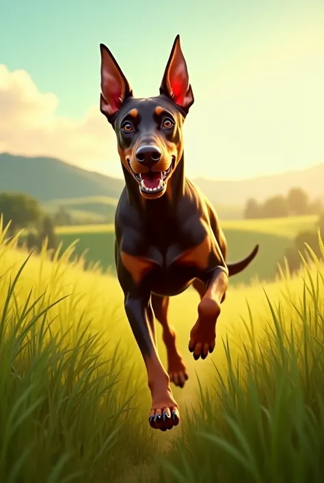 Create a virtual image of a brown Doberman breed dog running playfully in a vast meadow