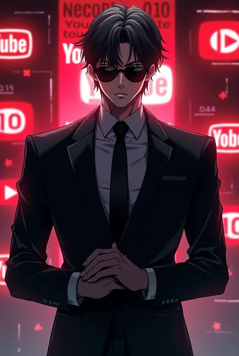 Genrate a anime of male character wearing black sunglasses with a background of some yt logos and quotes standing straight as in front of camera and folding hands